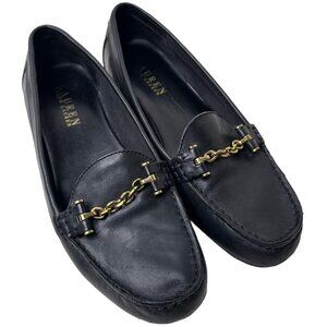 Lauren Ralph Lauren Women's Cayla Slip-On Loafers Leather Black Gold Chain 9.5